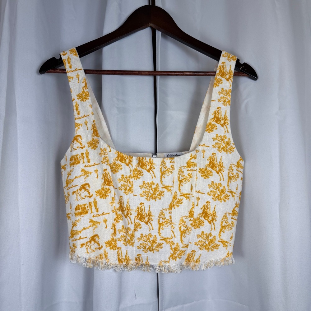 Wild Lovers Yellow Western Toile Corset Crop Top Frayed Hem Small Cowgirl